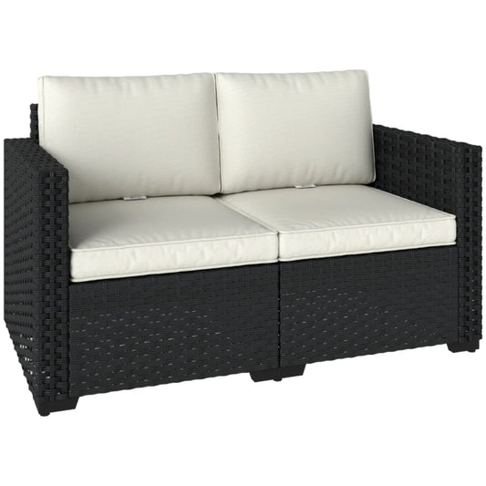 Outsunny 2 Seater Rattan Sofa, Outdoor Garden Sofa with Deep Seat, Cushions, Wide Armrests for Patio, Balcony, Porch