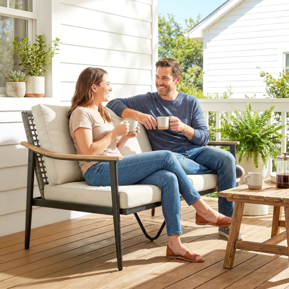 Outsunny 2 Seater Rattan Sofa, Outdoor Garden Sofa with Wood-Effect Armrests, Cushions for Patio, Balcony, Khaki