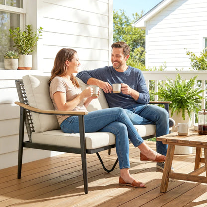 Outsunny 2 Seater Rattan Sofa, Outdoor Garden Sofa with Wood-Effect Armrests, Cushions for Patio, Balcony, Khaki