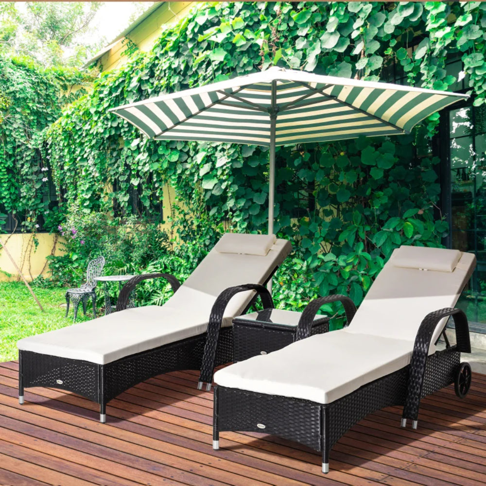 Outsunny 2 Seater Rattan Sun Lounger Set with Side Table Black