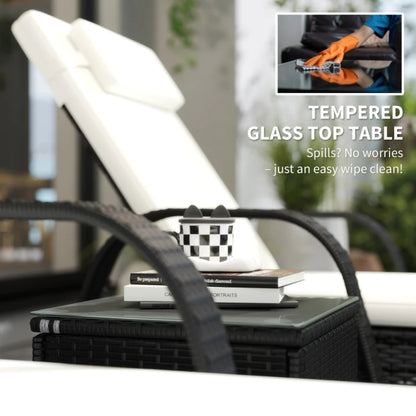 Outsunny 2 Seater Rattan Sun Lounger Set with Side Table Black