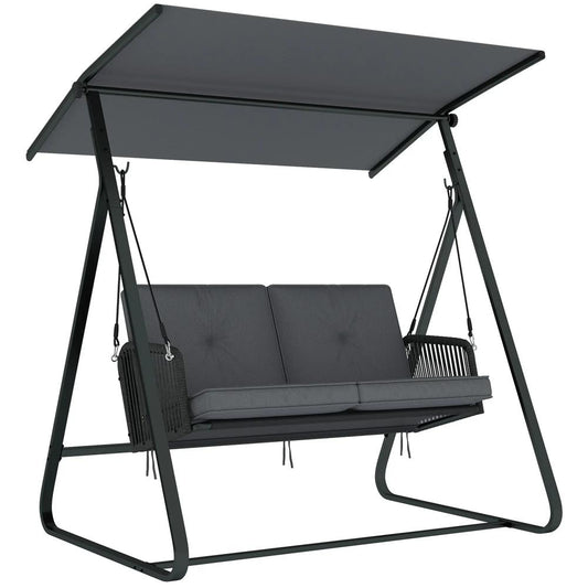 Outsunny 2-Seater Rattan Swing Chair, Outdoor Garden Hanging Swing Seat with Stand, Adjustable Canopy and Soft Cushions 