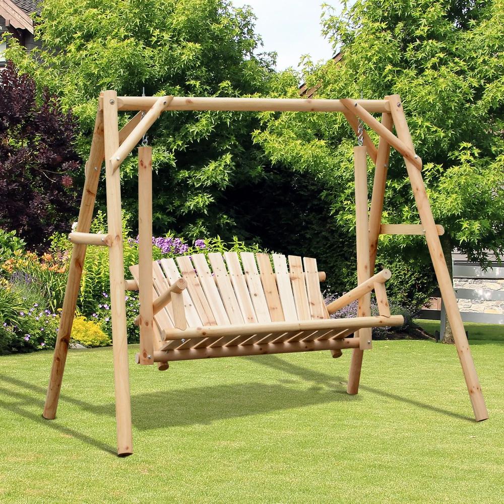 Outsunny 2 Seater Wooden Garden Swing Chair, Larch Wood Porch Swing Seat Bench Lounger for Outdoor Patio Garden, 300kg Capacity 1