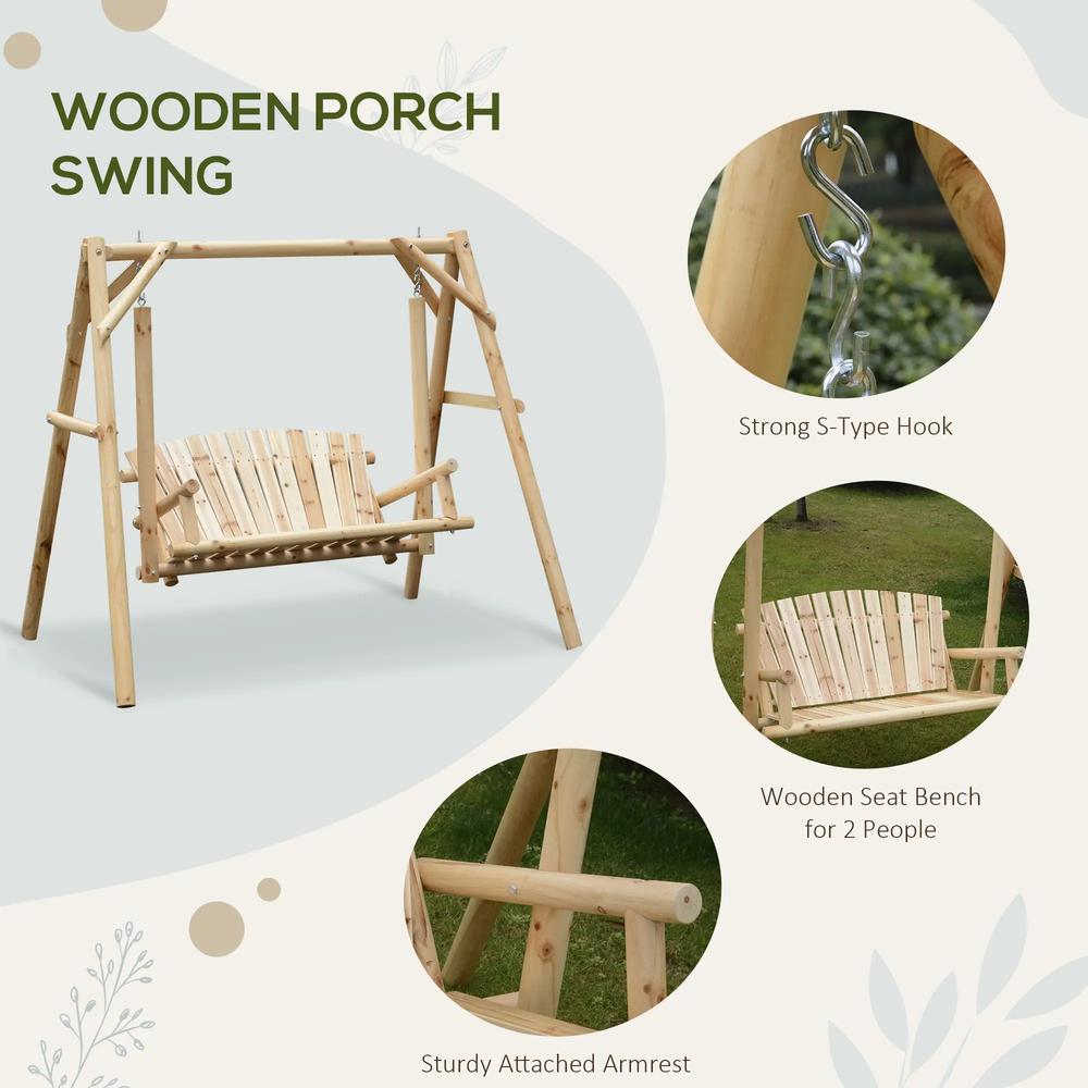 Outsunny 2 Seater Wooden Garden Swing Chair, Larch Wood Porch Swing Seat Bench Lounger for Outdoor Patio Garden, 300kg Capacity 3