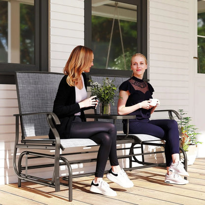 Outsunny 2 Seats Garden Glider Bench, Metal Frame Loveseat with Glass Top Centre Table, Porch Rocking Glider for 2 Person, for Deck, Patio, Brown/ Grey 1