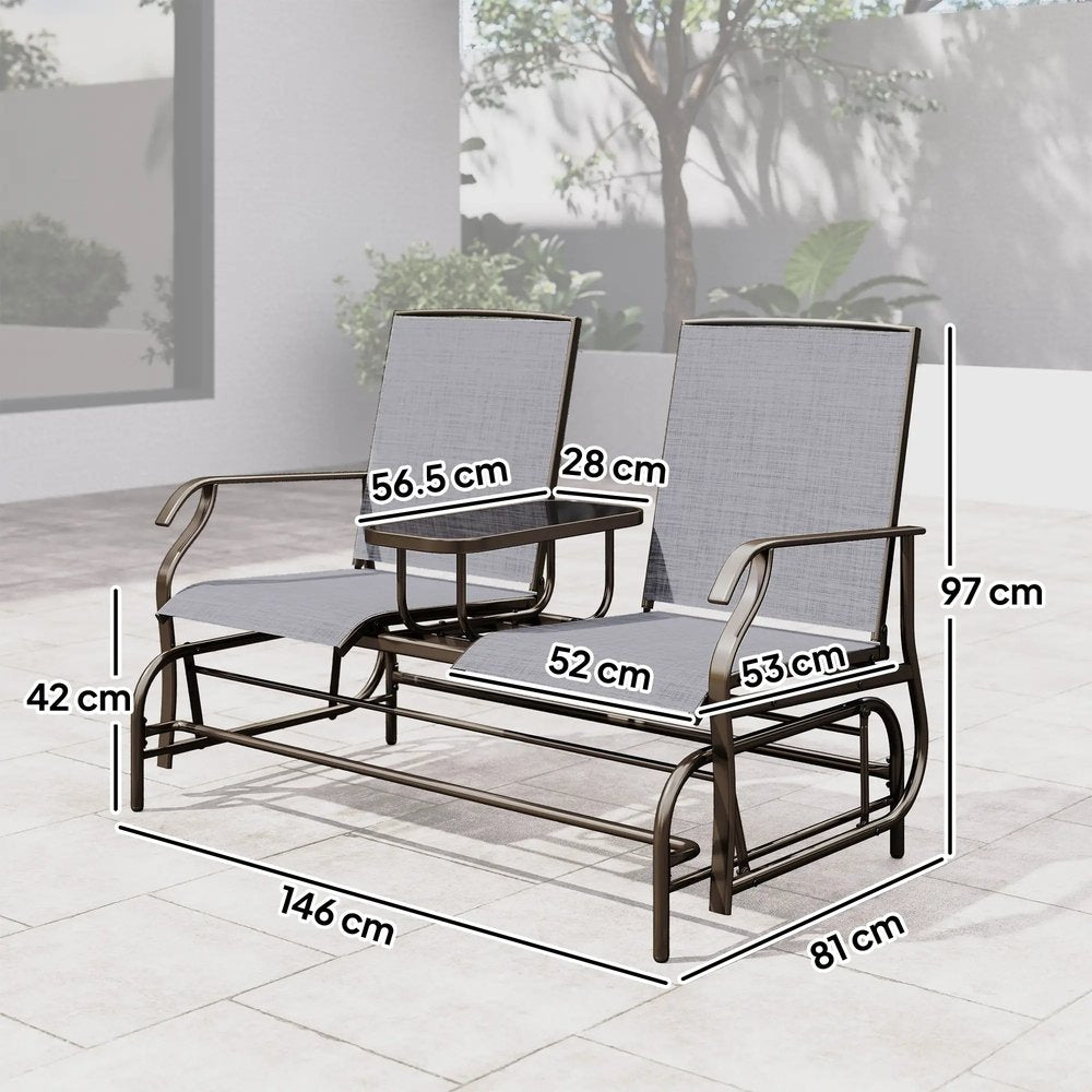 Outsunny 2 Seats Garden Glider Bench, Metal Frame Loveseat with Glass Top Centre Table, Porch Rocking Glider for 2 Person, for Deck, Patio, Brown/ Grey 2