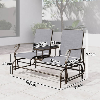 Outsunny 2 Seats Garden Glider Bench, Metal Frame Loveseat with Glass Top Centre Table, Porch Rocking Glider for 2 Person, for Deck, Patio, Brown/ Grey 2