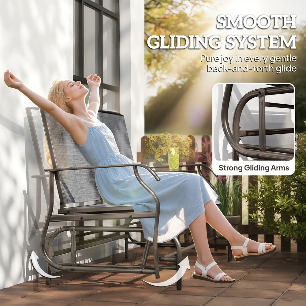 Outsunny 2 Seats Garden Glider Bench, Metal Frame Loveseat with Glass Top Centre Table, Porch Rocking Glider for 2 Person, for Deck, Patio, Brown/ Grey 3