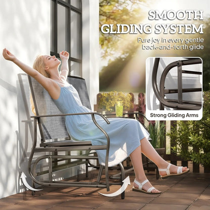 Outsunny 2 Seats Garden Glider Bench, Metal Frame Loveseat with Glass Top Centre Table, Porch Rocking Glider for 2 Person, for Deck, Patio, Brown/ Grey 3