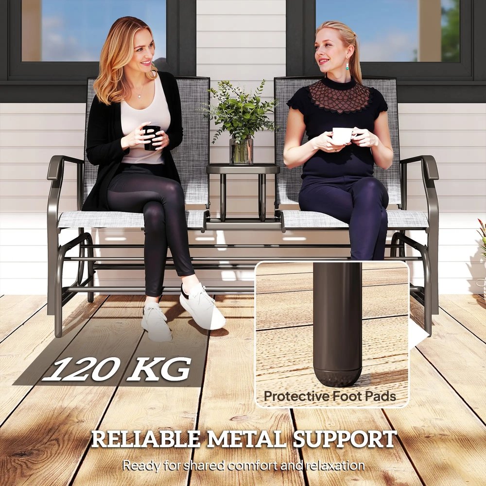 Outsunny 2 Seats Garden Glider Bench, Metal Frame Loveseat with Glass Top Centre Table, Porch Rocking Glider for 2 Person, for Deck, Patio, Brown/ Grey 6