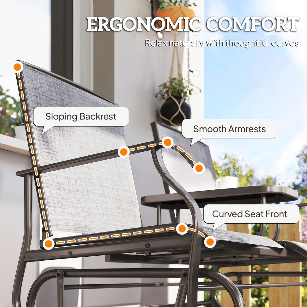Outsunny 2 Seats Garden Glider Bench, Metal Frame Loveseat with Glass Top Centre Table, Porch Rocking Glider for 2 Person, for Deck, Patio, Brown/ Grey 7