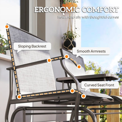 Outsunny 2 Seats Garden Glider Bench, Metal Frame Loveseat with Glass Top Centre Table, Porch Rocking Glider for 2 Person, for Deck, Patio, Brown/ Grey 7