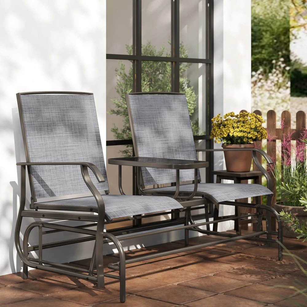 Outsunny 2 Seats Garden Glider Bench, Metal Frame Loveseat with Glass Top Centre Table, Porch Rocking Glider for 2 Person, for Deck, Patio, Brown/ Grey 8