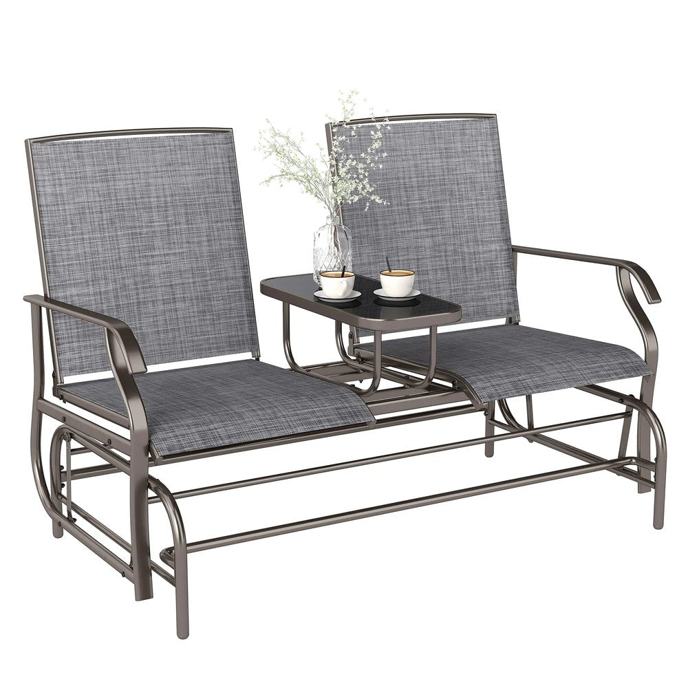 Outsunny 2 Seats Garden Glider Bench, Metal Frame Loveseat with Glass Top Centre Table, Porch Rocking Glider for 2 Person, for Deck, Patio, Brown/ Grey 9