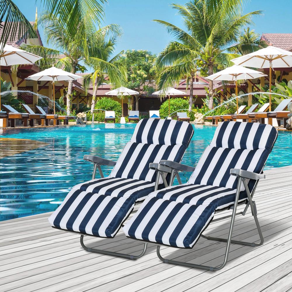 Outsunny 2Pc Folding Sun Loungers Set-Blue/White 1