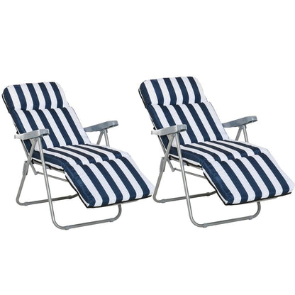 Outsunny 2Pc Folding Sun Loungers Set-Blue/White 