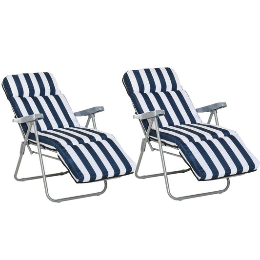 Outsunny 2Pc Folding Sun Loungers Set-Blue/White 