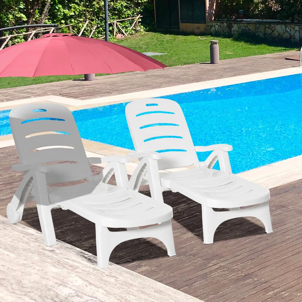 Outsunny 2PCs Outdoor Folding Sun Lounger Recliner on Wheels w/ 5-Position Backrest, White 1