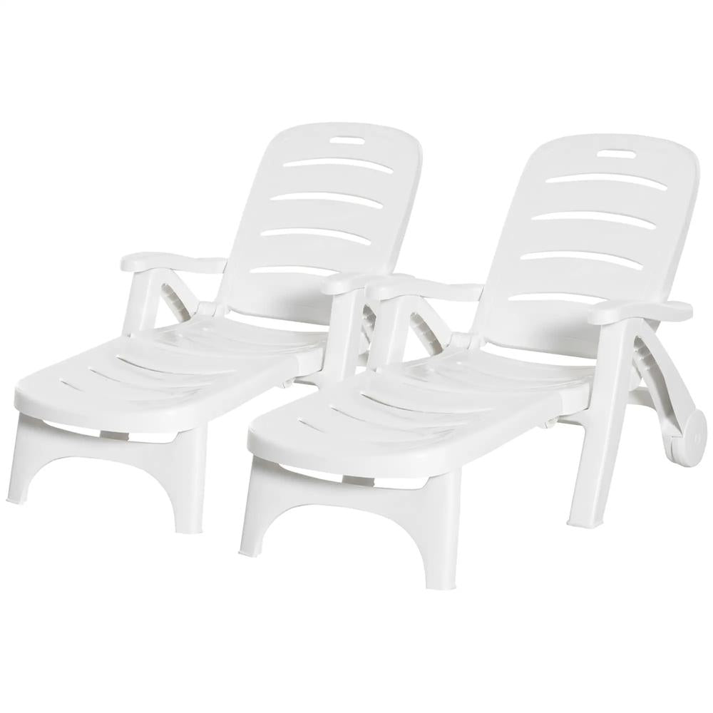 Outsunny 2PCs Outdoor Folding Sun Lounger Recliner on Wheels w/ 5-Position Backrest, White 10