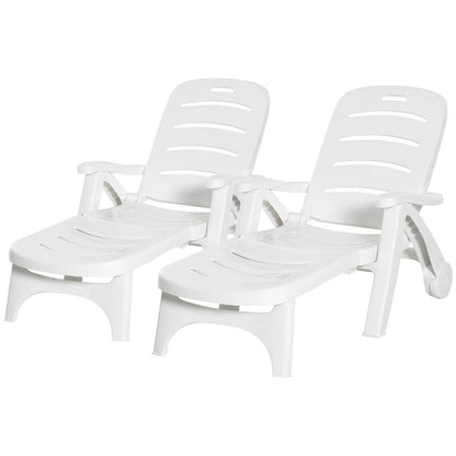 Outsunny 2PCs Outdoor Folding Sun Lounger Recliner on Wheels w/ 5-Position Backrest, White 10