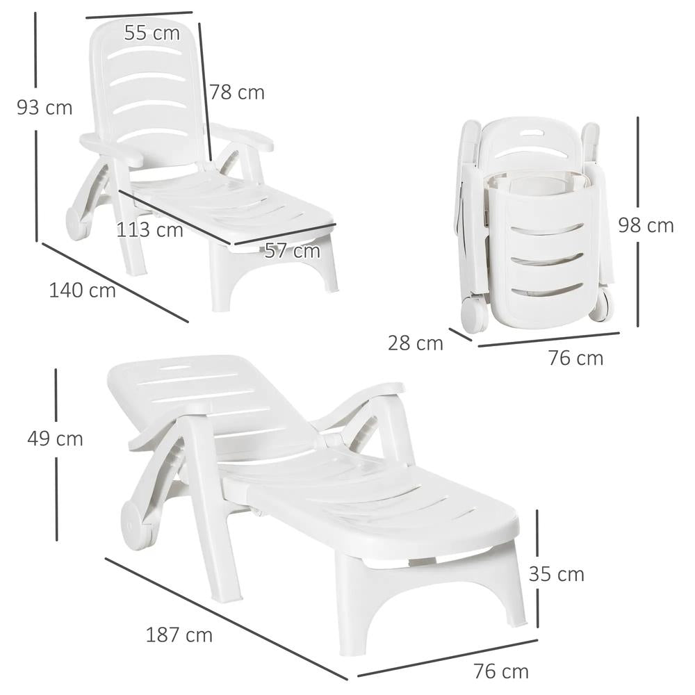 Outsunny 2PCs Outdoor Folding Sun Lounger Recliner on Wheels w/ 5-Position Backrest, White 2