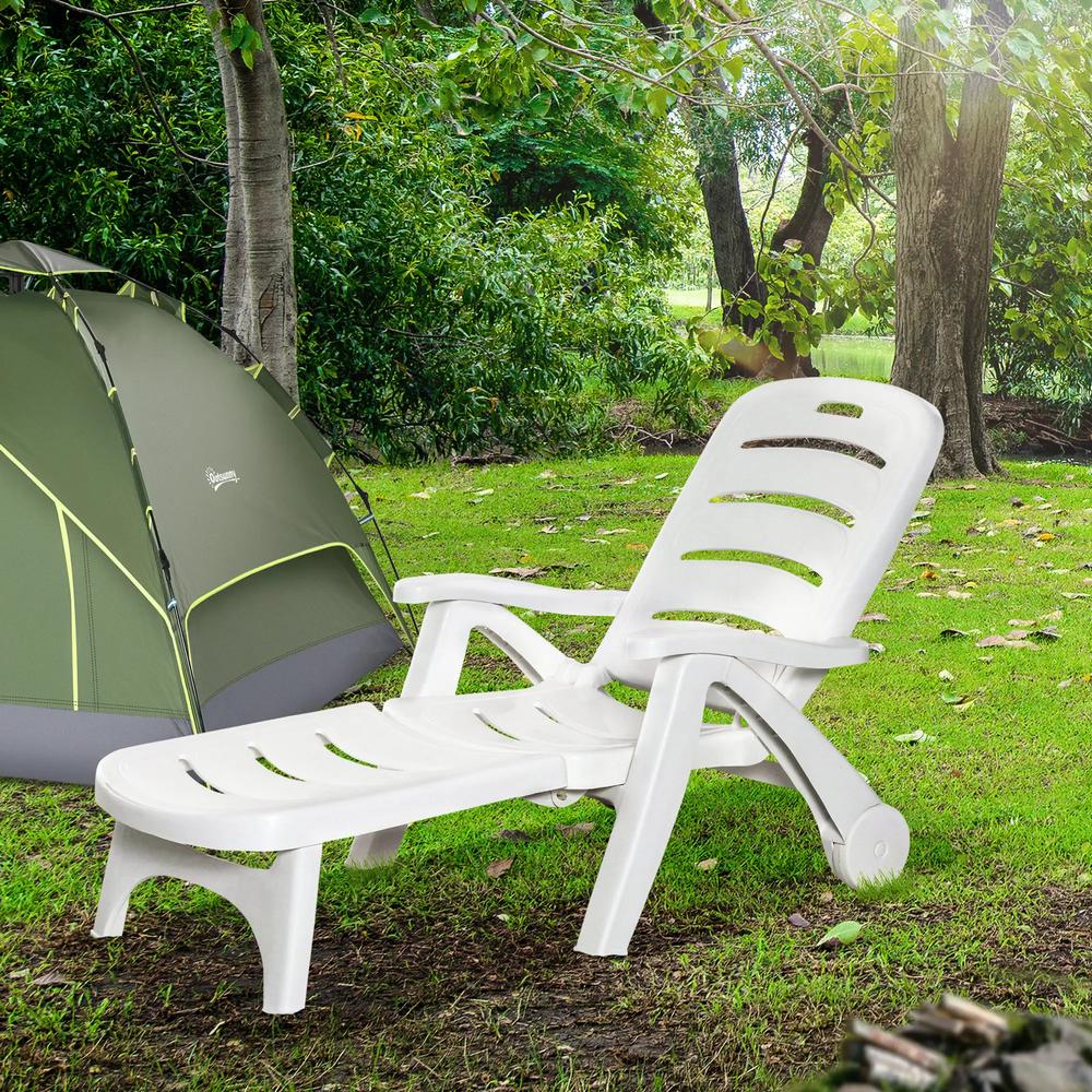 Outsunny 2PCs Outdoor Folding Sun Lounger Recliner on Wheels w/ 5-Position Backrest, White 3