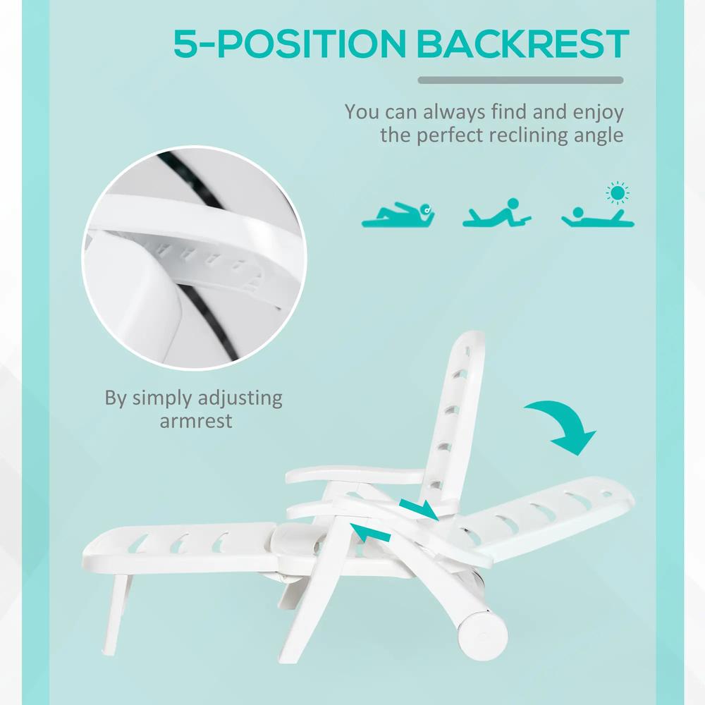 Outsunny 2PCs Outdoor Folding Sun Lounger Recliner on Wheels w/ 5-Position Backrest, White 5