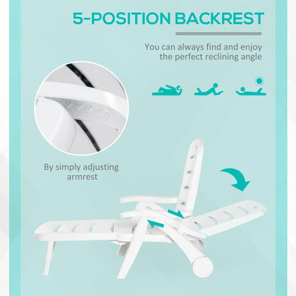 Outsunny 2PCs Outdoor Folding Sun Lounger Recliner on Wheels w/ 5-Position Backrest, White 5