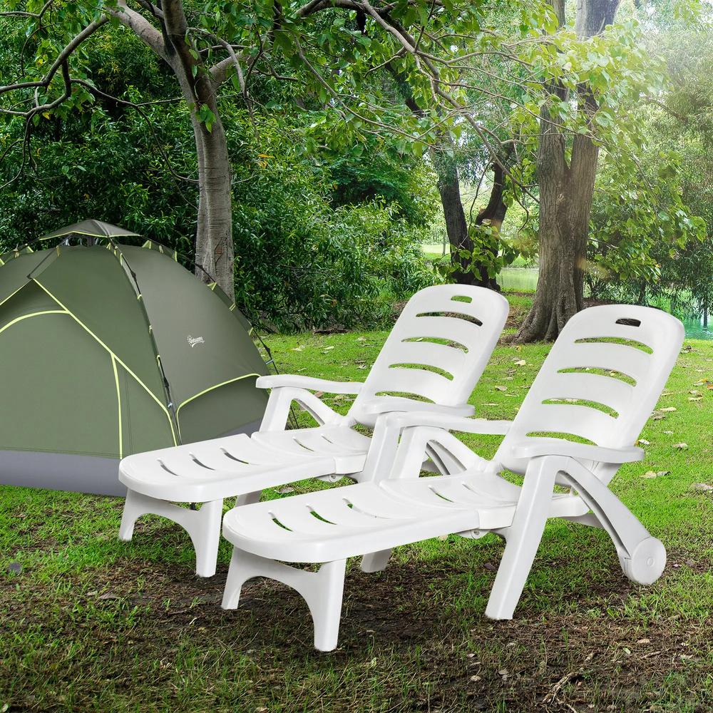 Outsunny 2PCs Outdoor Folding Sun Lounger Recliner on Wheels w/ 5-Position Backrest, White 9