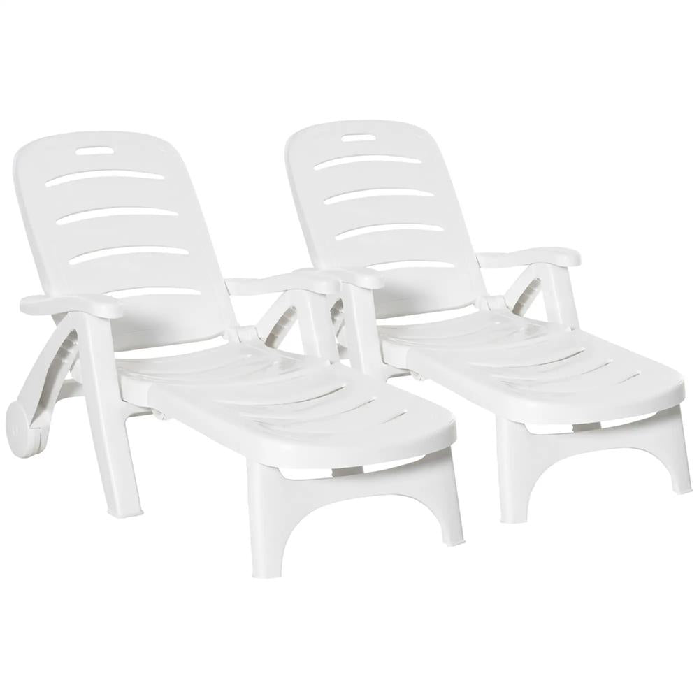 Outsunny 2PCs Outdoor Folding Sun Lounger Recliner on Wheels w/ 5-Position Backrest, White 