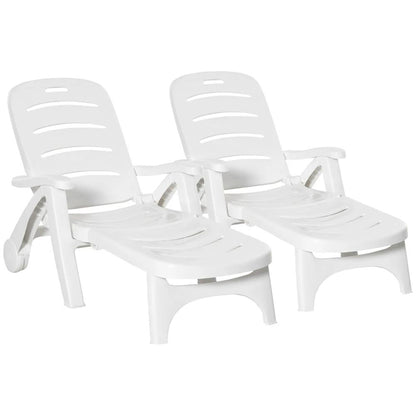 Outsunny 2PCs Outdoor Folding Sun Lounger Recliner on Wheels w/ 5-Position Backrest, White 
