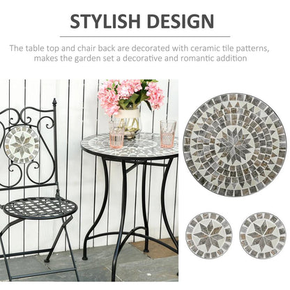 Outsunny 3 Pcs Mosaic Tile Garden Bistro Set Outdoor Seating w/ Table 2 Folding Chairs Set Metal Frame Elegant Scrolling Indoor Patio Balcony, Grey 5