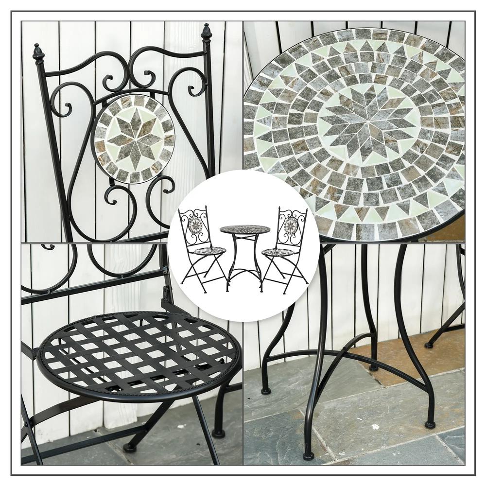 Outsunny 3 Pcs Mosaic Tile Garden Bistro Set Outdoor Seating w/ Table 2 Folding Chairs Set Metal Frame Elegant Scrolling Indoor Patio Balcony, Grey 6