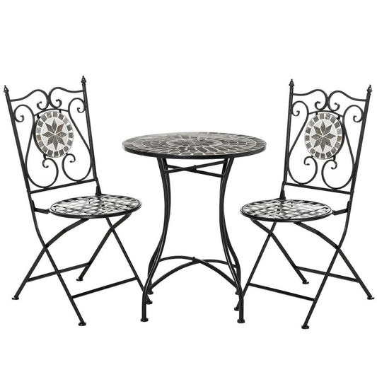 Outsunny 3 Pcs Mosaic Tile Garden Bistro Set Outdoor Seating w/ Table 2 Folding Chairs Set Metal Frame Elegant Scrolling Indoor Patio Balcony, Grey 
