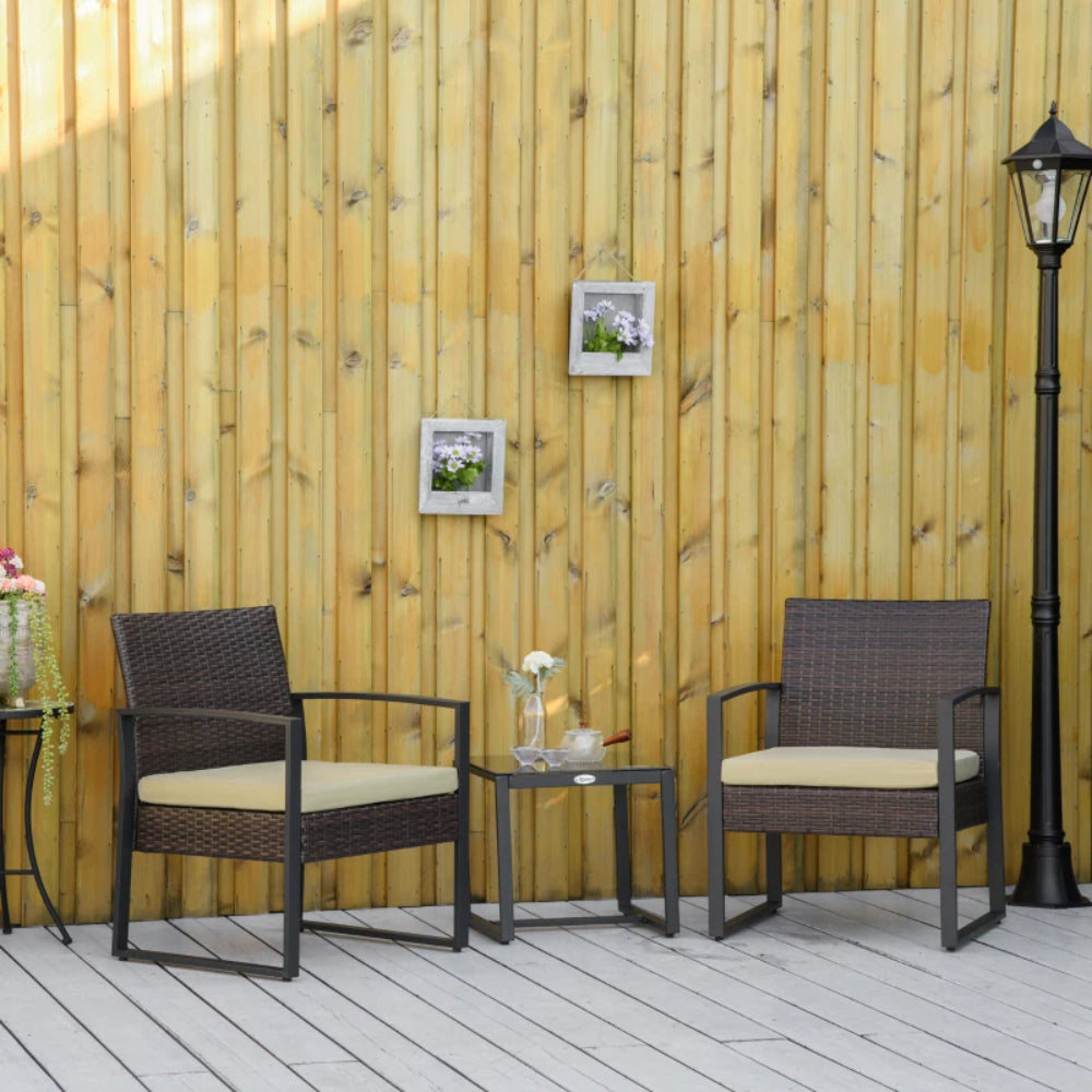 Outsunny 3 pcs PE Rattan Wicker Garden Furniture Patio Bistro Set Weave Conservatory Sofa Coffee Table and Chairs Set Beige