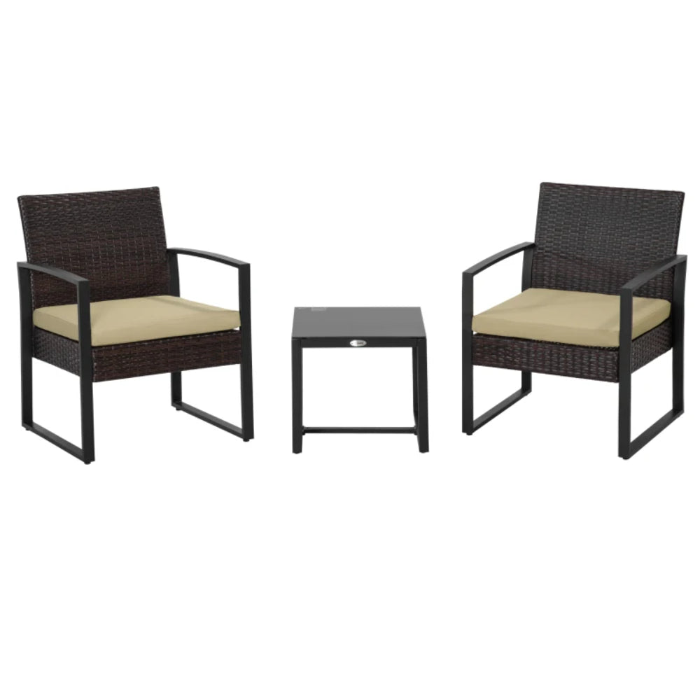 Outsunny 3 pcs PE Rattan Wicker Garden Furniture Patio Bistro Set Weave Conservatory Sofa Coffee Table and Chairs Set Beige