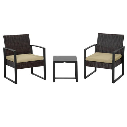 Outsunny 3 pcs PE Rattan Wicker Garden Furniture Patio Bistro Set Weave Conservatory Sofa Coffee Table and Chairs Set Beige