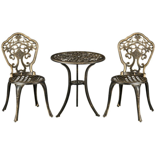 Outsunny 3 Piece Cast Aluminium Garden Bistro Set for 2 with Parasol Hole, Outdoor Coffee Table Set, Two Armless Chairs and Round Coffee Table for Balcony, Patio, Bronze 