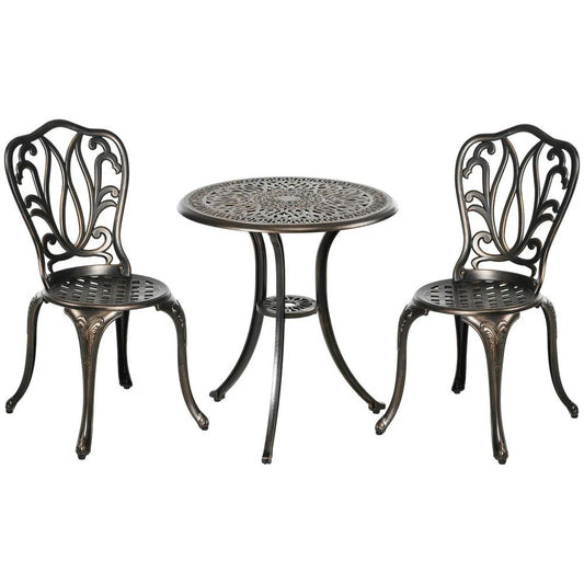 Outsunny 3 Piece Garden Bistro Set Aluminium Outdoor Furniture Set for 2 Patio Chairs and Table with Umbrella Hole Bronze Tone 