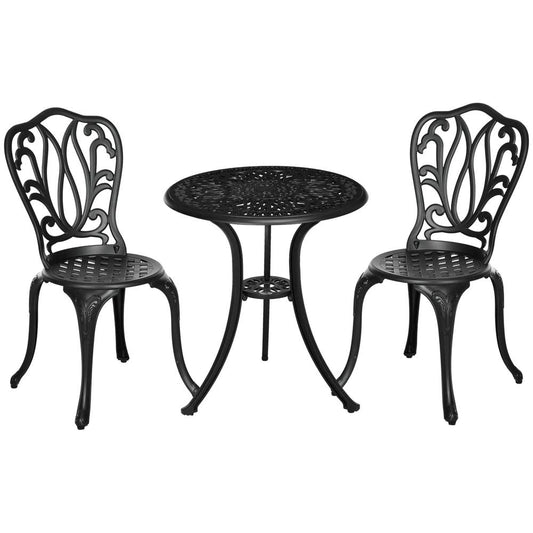 Outsunny 3 Piece Garden Bistro Set, Cast Aluminium Outdoor Furniture Set with Umbrella Hole for Balcony, Porch, Patio 