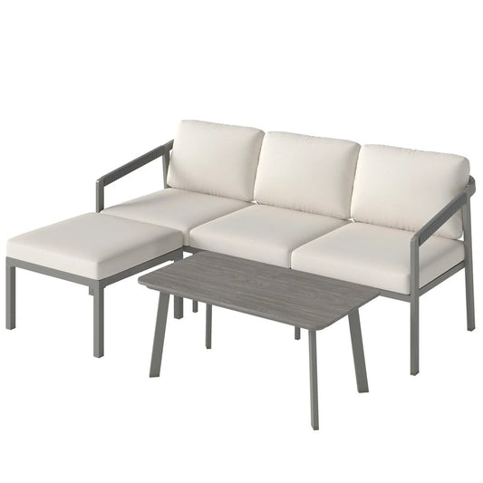 Outsunny 3 Piece Garden Dining Set, Outdoor Patio Furniture with 3 Seater Sofa, Footstool, Coffee Table and Cuhsions 