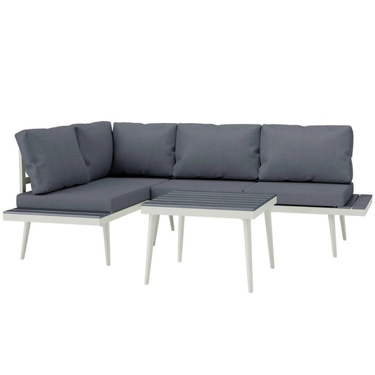Outsunny 3 Piece Garden Furniture Set with 5-Level Adjustable Lounger, L Shaped Garden Corner Sofa with Cushions, Mesh Seat, Slatted Wood-Grain Table, Outdoor Furniture Set for Conservatory, Grey 