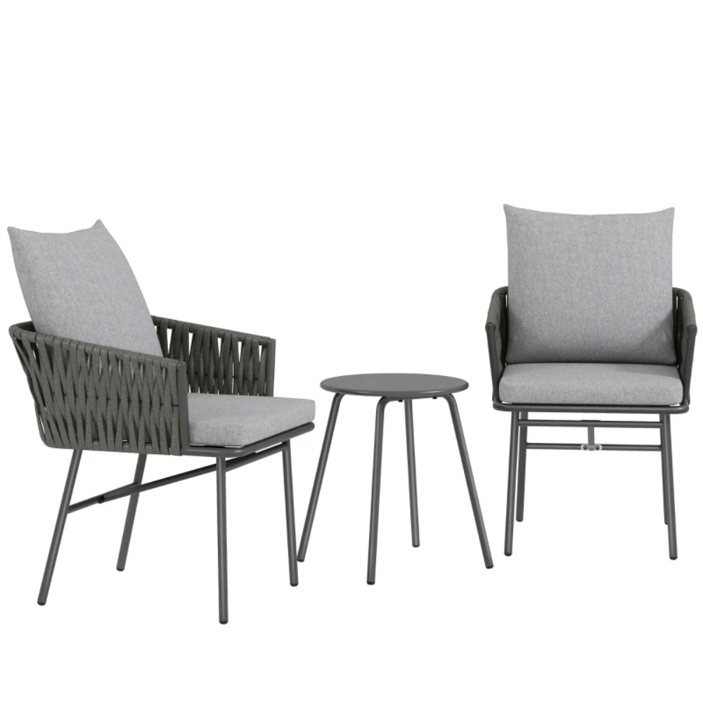 Outsunny 3-Piece Rattan Bistro Set, Garden Table and Chairs with 4 Cushions, Patio Rattan Conversation Furniture Set for Balcony, Porch, Terrace, Grey