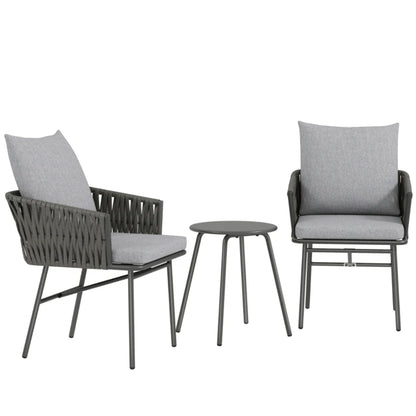 Outsunny 3-Piece Rattan Bistro Set, Garden Table and Chairs with 4 Cushions, Patio Rattan Conversation Furniture Set for Balcony, Porch, Terrace, Grey
