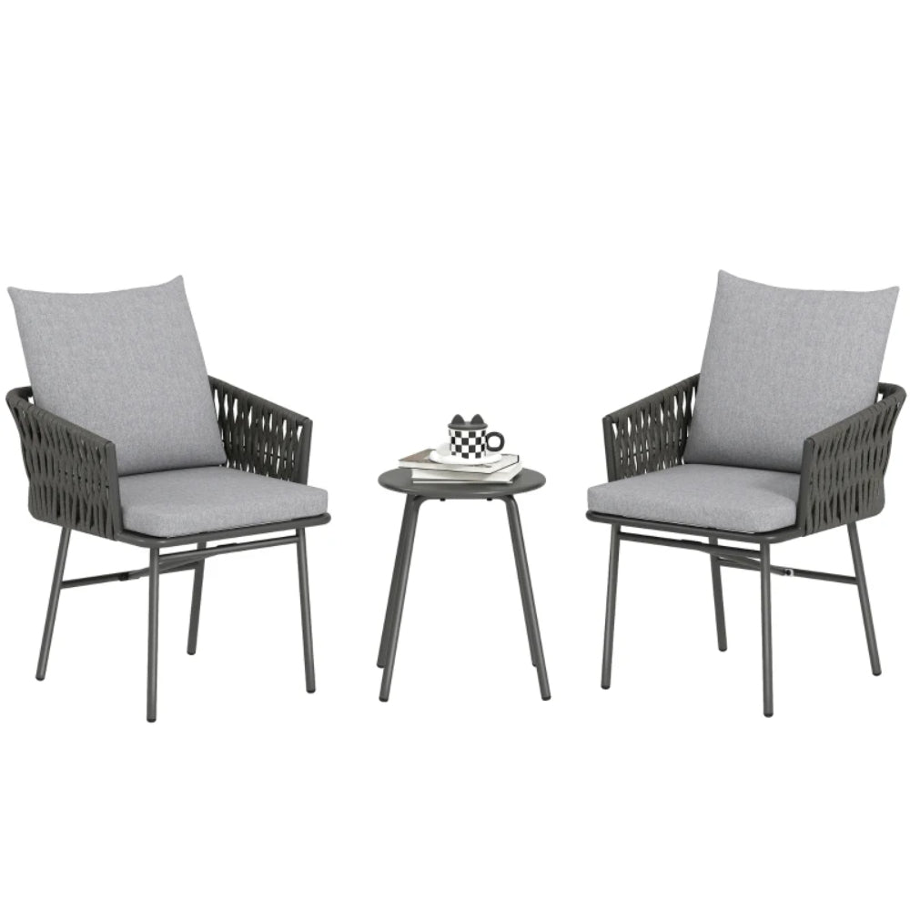 Outsunny 3-Piece Rattan Bistro Set, Garden Table and Chairs with 4 Cushions, Patio Rattan Conversation Furniture Set for Balcony, Porch, Terrace, Grey