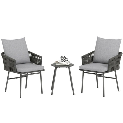 Outsunny 3-Piece Rattan Bistro Set, Garden Table and Chairs with 4 Cushions, Patio Rattan Conversation Furniture Set for Balcony, Porch, Terrace, Grey