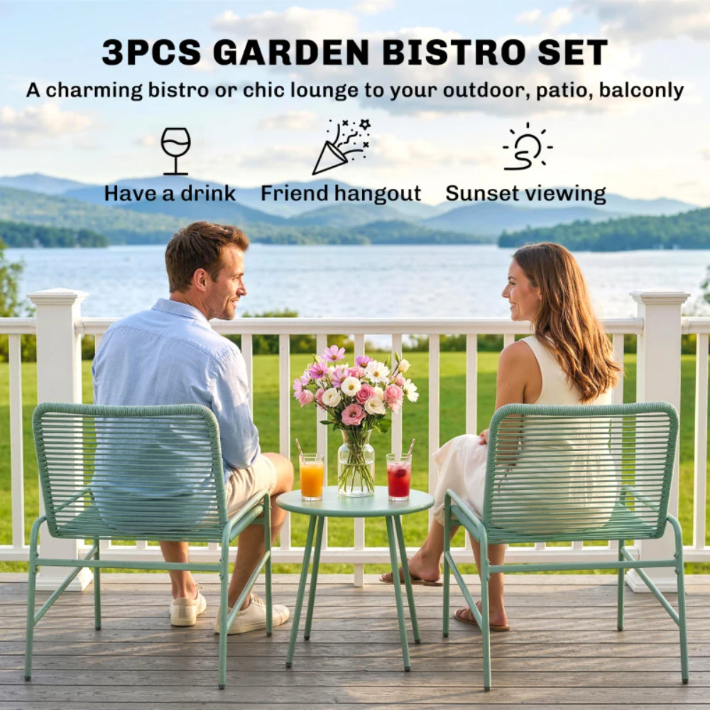 Outsunny 3 Piece Rattan Bistro Set, Outdoor Garden Furniture Set with 2 Chairs, Round Coffee Table for Patio, Balcony