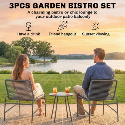 Outsunny 3 Piece Rattan Bistro Set, Outdoor Garden Furniture Set with 2 Chairs, Round Coffee Table for Patio, Balcony