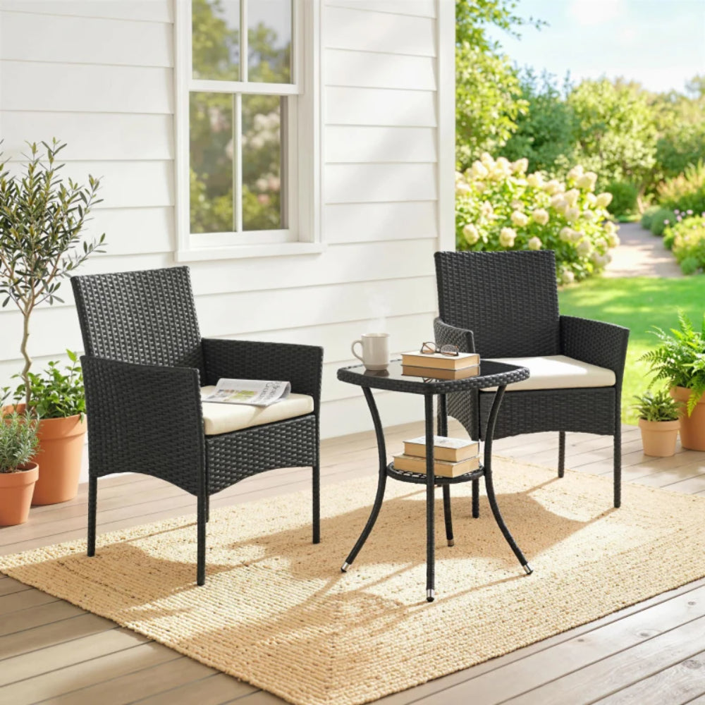 Outsunny 3 Piece Rattan Bistro Set, PE Wicker Garden Furniture Conversation Set with 2 Tier Glass-Top Table, Chairs