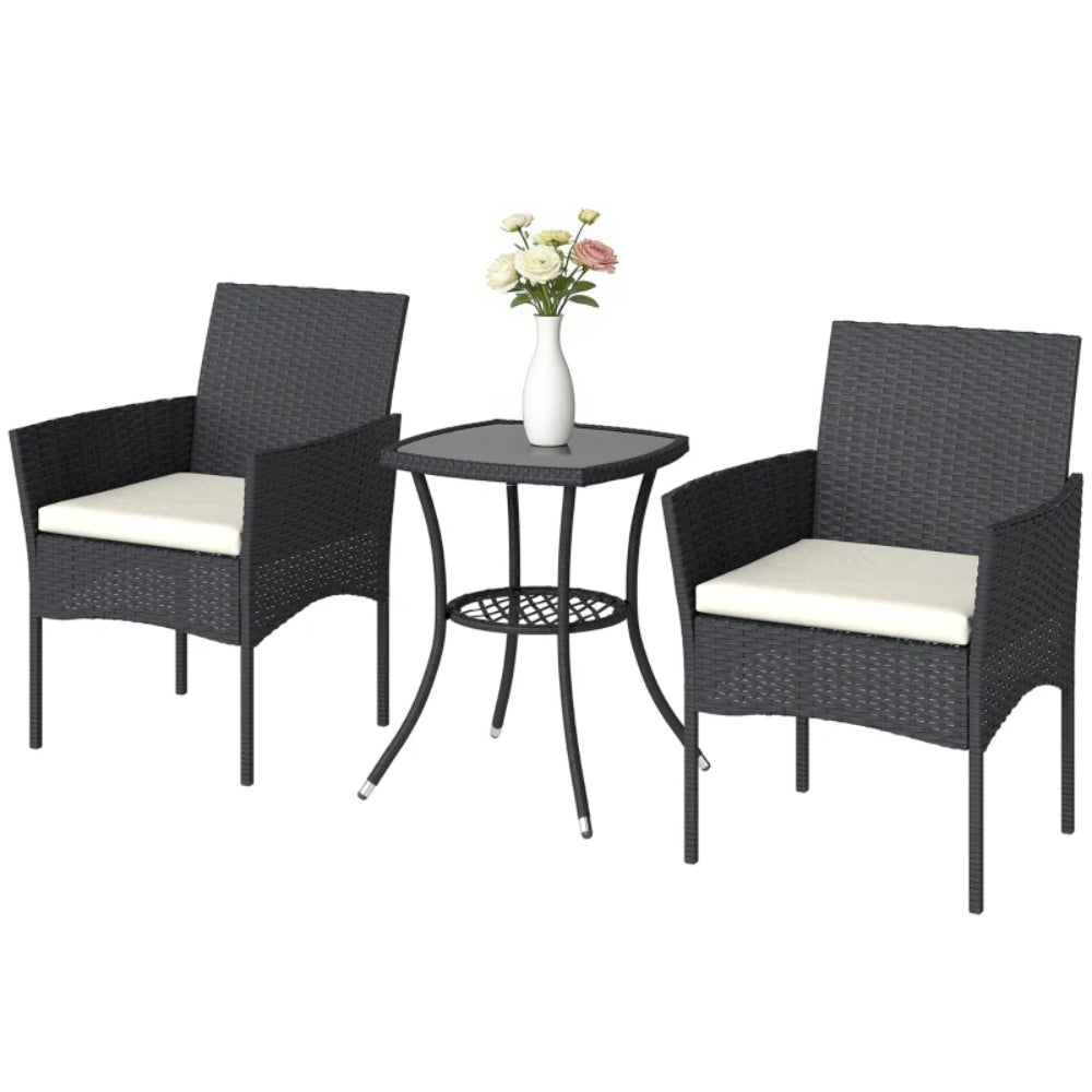 Outsunny 3 Piece Rattan Bistro Set, PE Wicker Garden Furniture Conversation Set with 2 Tier Glass-Top Table, Chairs